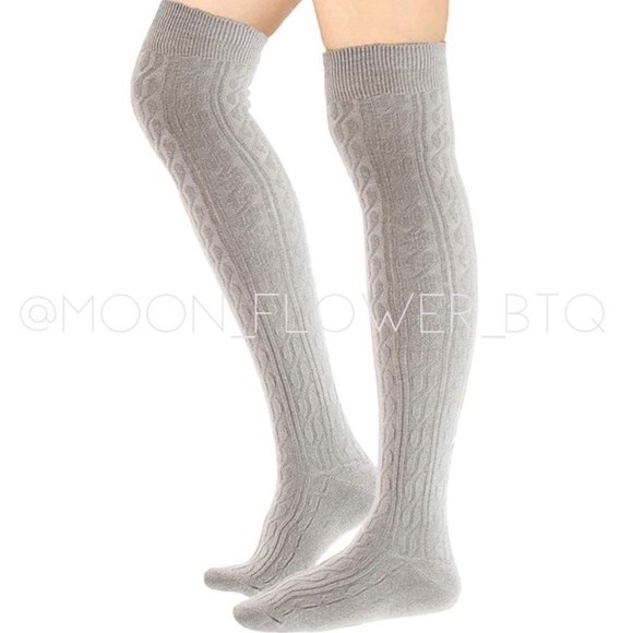 Gray Cable Knit Thigh High Socks | Over the Knee Cozy Winter Stockings - Picture 4 of 4
